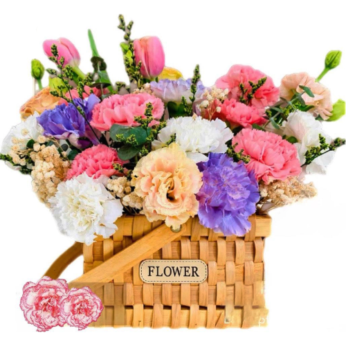 Carnations tulips lisianthus in a basket Carnations tulips lisianthus in a basket