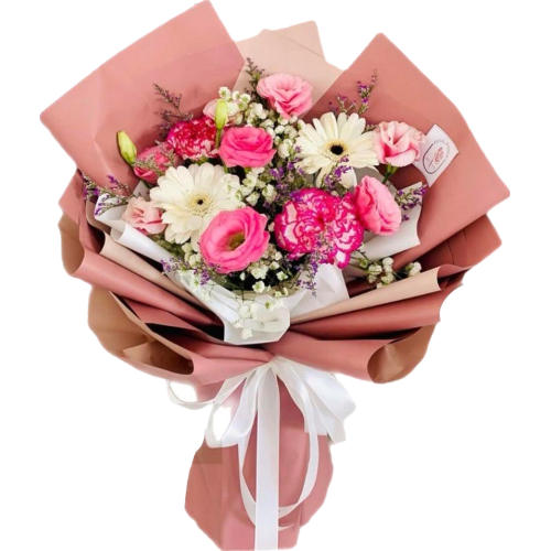 Pink and white bouquet of gerberas carnations lisianthus